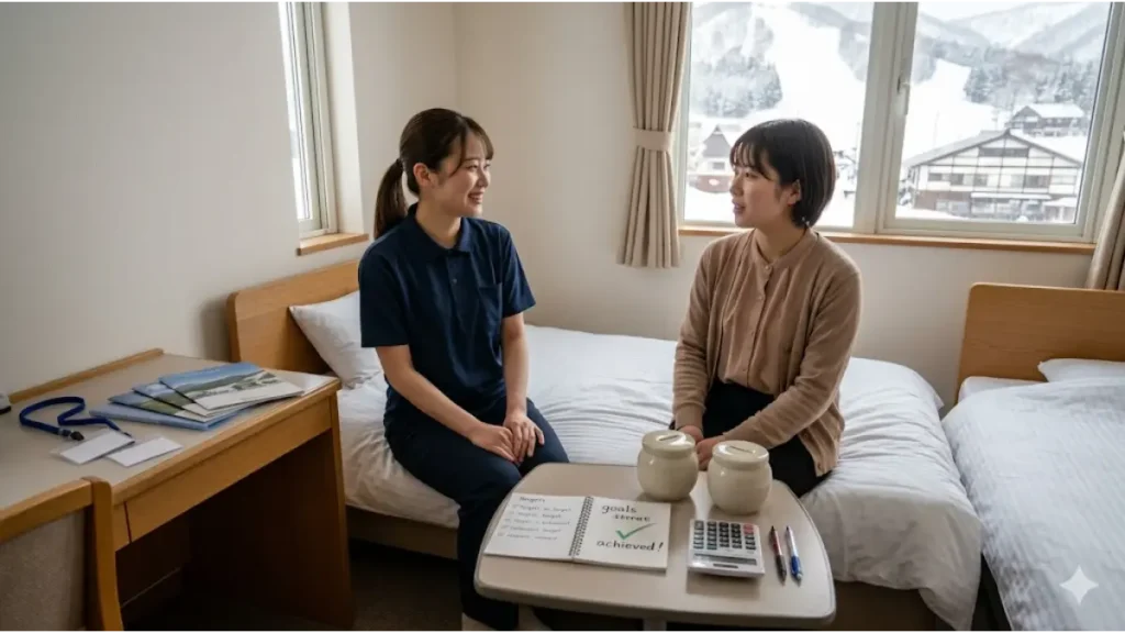 日本のリゾートバイトの寮で、友達同士の女性2人が同室で協力し、仕事の成果を共有して充実した笑顔で語り合うフォトリアルな瞬間。窓の外には雪景色のスキー場が広がり、手元のテーブルには目標達成を示すノート(文字なし)と貯金箱が並ぶ、誠実な現場のリアル。