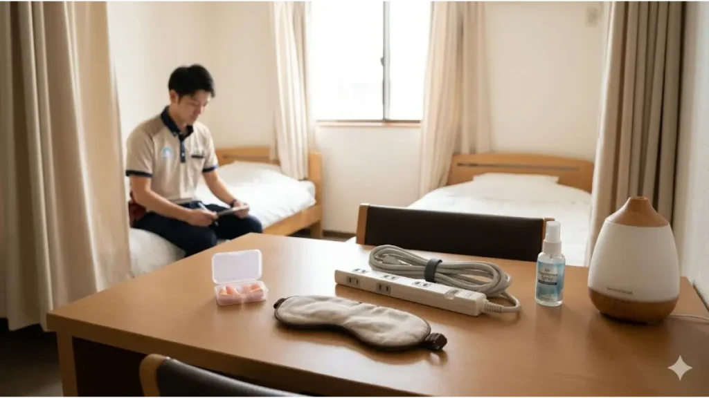 日本のリゾートバイトスタッフ寮の清潔な相部屋で、同室生活のトラブルを防ぐお役立ち持ち物としてデスク上に並べられた耳栓、アイマスク、電源タップ、消臭スプレー、アロマディフューザーと、遠景で作業する誠実そうな日本人スタッフのリアルな現場。