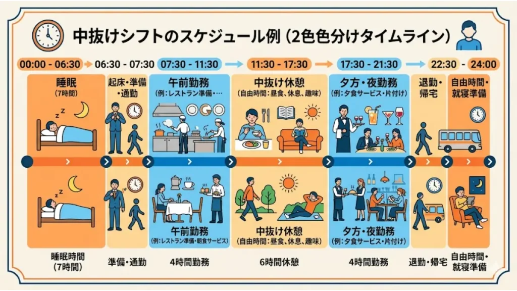 リゾートバイトに友達と応募して同室で働く際に知っておくべき、中抜けシフトの一日のスケジュール例を解説した2色色分けのタイムライン図。睡眠、準備・通勤、午前勤務(4時間)、中抜け休憩(6時間)、夕方・夜勤務(4時間)、退勤・帰宅、自由時間の流れをイラスト付きで分かりやすく表現した図解。
