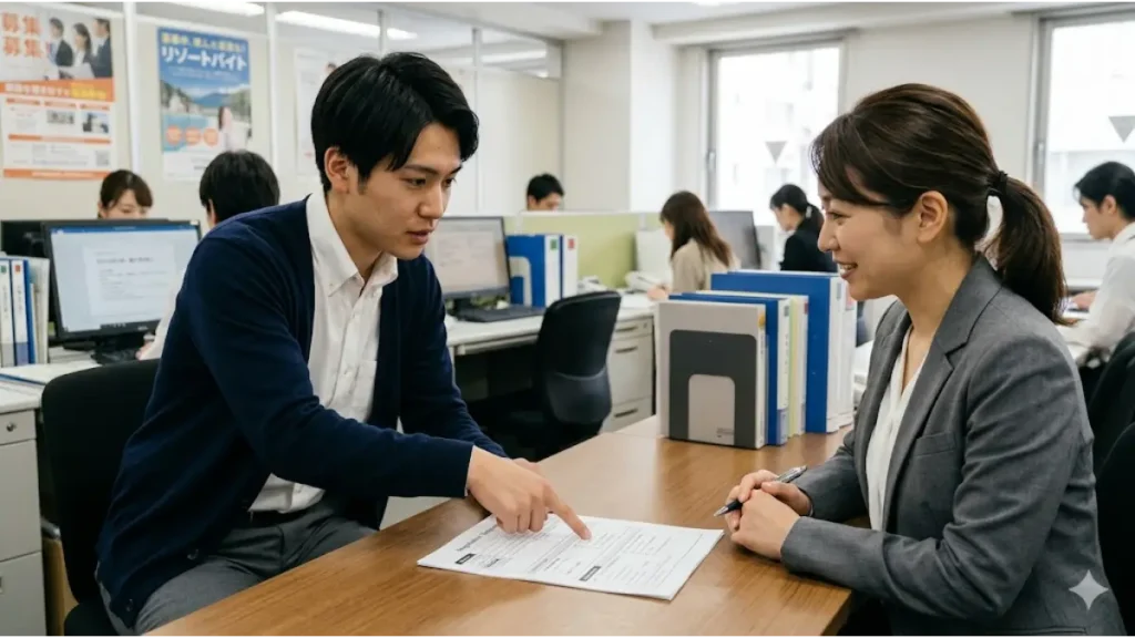 リゾートバイトに友達と応募して同室での滞在を希望する男性が、日本の派遣会社オフィスでコーディネーターの女性に同室確約の交渉テンプレートを指し示しながら真剣に相談しているフォトリアルな風景。