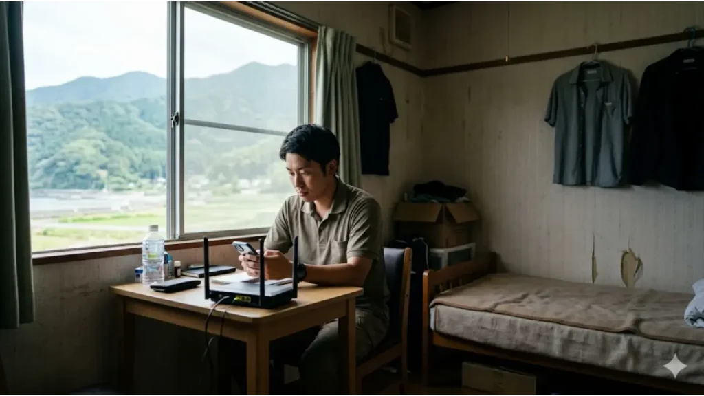 リゾートバイトの寮の部屋で、窓から見えるきれいな景色(光)と、薄暗い部屋の質感(影)、そして通信状況を気にするスマホとWi-Fiルーター。誠実そうな日本人男性の表情が複雑な現場のリアルを物語っている。