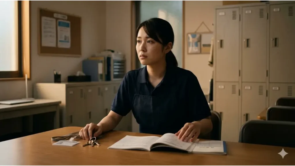女性一人のリゾートバイトで寮のセキュリティや生活、人間関係の不安を抱えながら、控室の机で資料と部屋の鍵を見つめて考え込む女性スタッフのリアルな写真