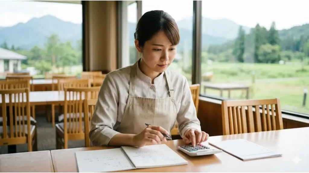 女性一人のリゾートバイトで、時給帯や稼働時間から月収の目安を算出するために、電卓やノートを使って生活設計を立てる寮セキュリティも安心な求人を探す女性スタッフのリアルな写真