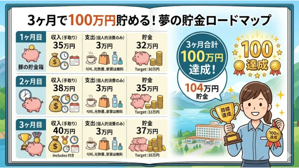 女性一人のリゾートバイトで、3ヶ月で100万円の貯蓄を達成するための月々の収入・支出の内訳や、家賃・食費無料による貯金ロードマップを分かりやすく解説した寮セキュリティも安心な求人のための図解
