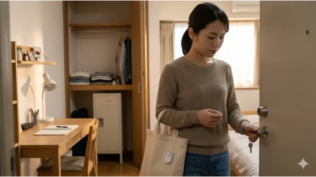 女性一人のリゾートバイトで、防犯のための自衛習慣として、整理整頓された個室の寮のドアを施錠・セキュリティ確認する女性スタッフのリアルな写真