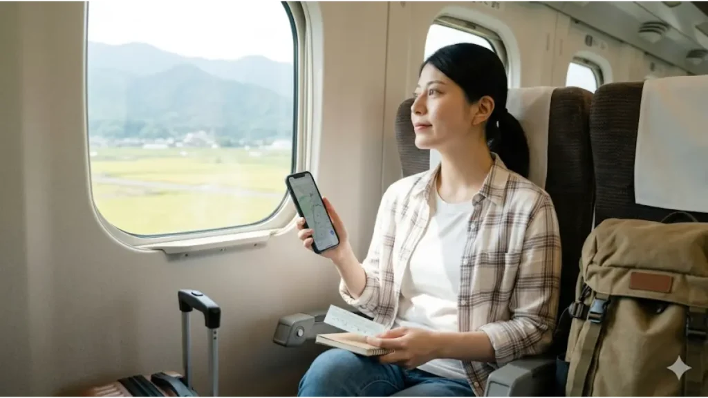 新幹線の座席で、地図が表示されたスマートフォンと切符を手に持ち、窓の外を眺める誠実そうな日本人女性。旅行カバンが傍らにあり、リゾートバイトへの移動と途中下車の計画を連想させるシーン。