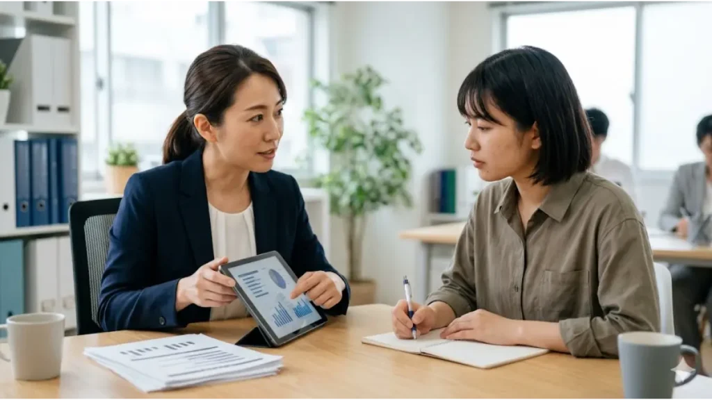 リゾートバイトの3ヶ月契約満了に向けて貯金額をさらに底上げするため、派遣会社のオフィスで女性コーディネーターから高時給求人の特徴や特典について真剣に説明を受ける日本人女性の様子。タブレットのデータを見せながら熱心に面談を行っているリアルな風景です。
