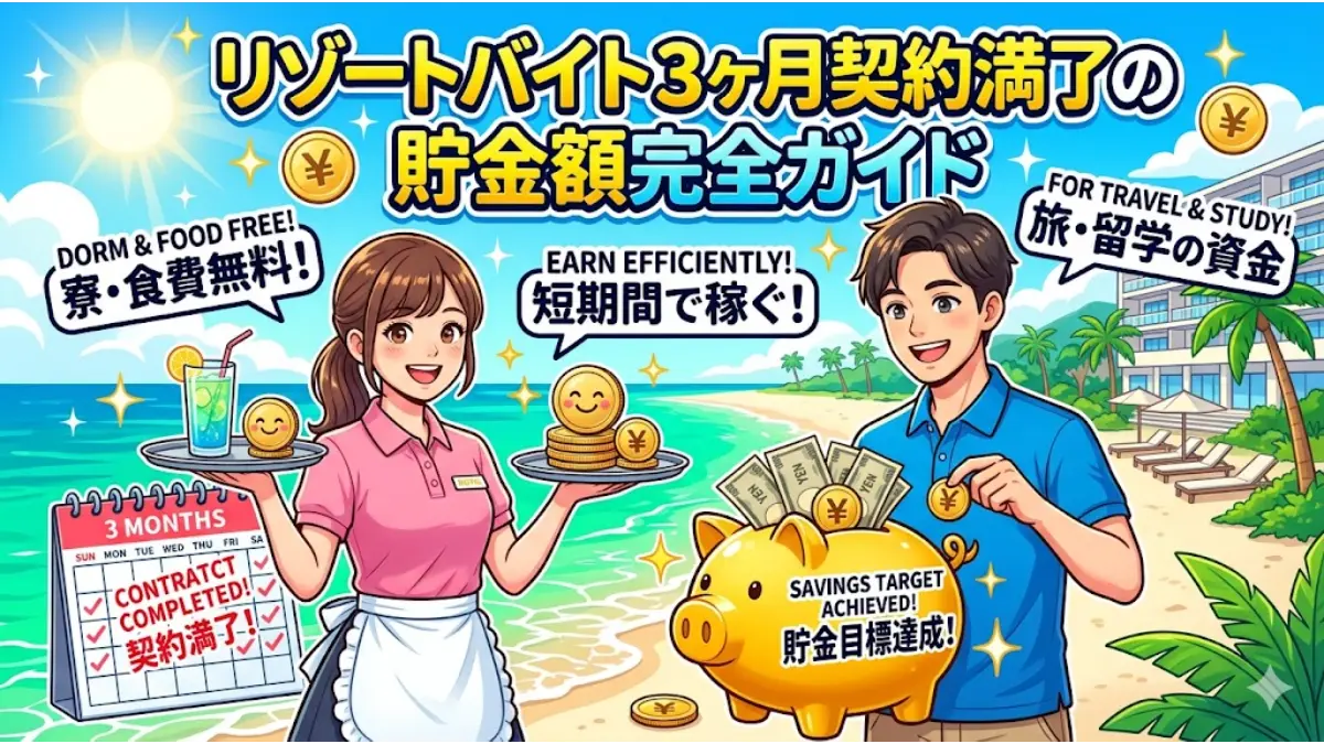 リゾートバイトの3ヶ月契約満了時における貯金額完全ガイドを説明するアイキャッチ画像。青い海とリゾートホテルを背景に、笑顔で働く男女スタッフ、契約満了がチェックされたカレンダー、貯金目標達成を表すブタの貯金箱が描かれています。