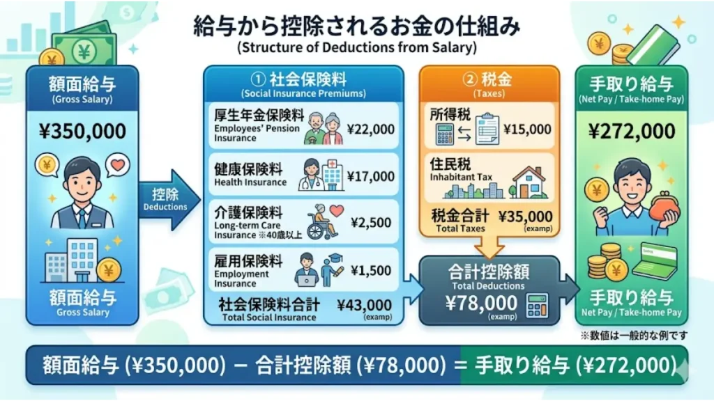 リゾートバイトの3ヶ月契約満了時の貯金額を計算する上で重要な、給与から控除されるお金の仕組みを説明した図解イラスト。額面給与から社会保険料(厚生年金・健康保険・雇用保険)や税金(所得税・住民税)が差し引かれ、最終的な手取り給与になるまでの流れを分かりやすく解説しています。