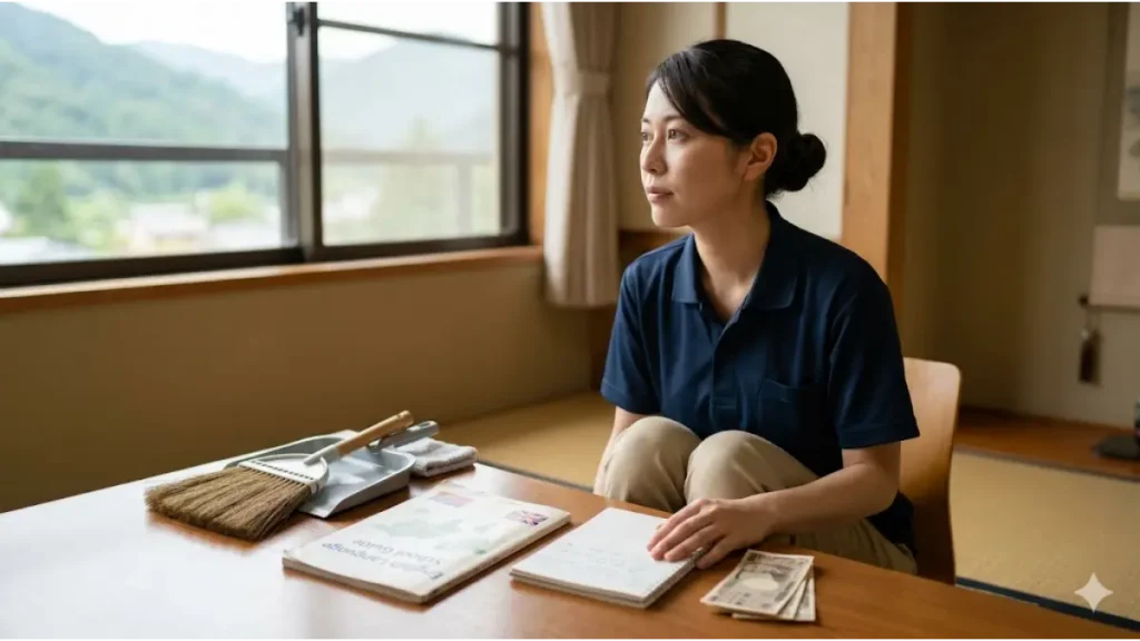 リゾートバイトの3ヶ月契約満了に向けて貯金額の目標を立てる女性の心理を表現したイメージ画像。和室の客室で清掃道具、留学のパンフレット、貯金計画のノート、現金を前に、目標を見据えて窓の外を眺めるリアルなスタッフの姿が写されています。