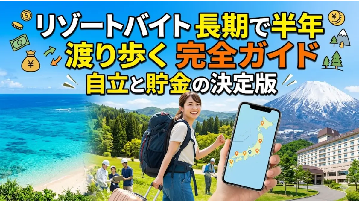 リゾートバイトで長期にわたり半年以上全国を渡り歩く完全ガイドのアイキャッチ画像。スマホの日本地図を見るバックパッカーの女性、綺麗な海、富士山、リゾートホテルと、自立や貯金をイメージするお金のイラストが描かれています。