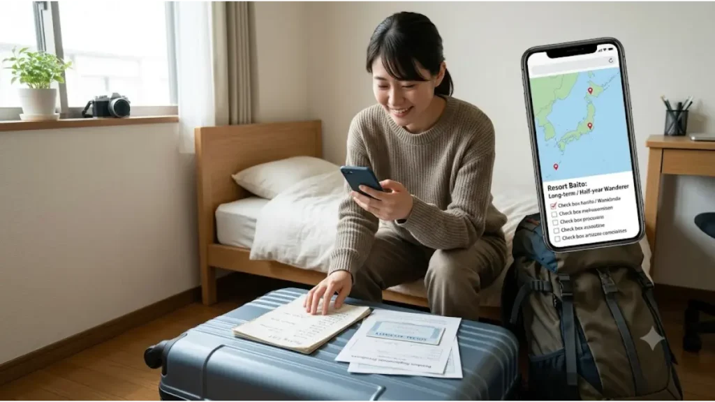 リゾートバイトで長期にわたり半年以上全国を渡り歩く生活の、ワクワクする期待と飛び込む前のリアルな不安を表現した画像。日本の一般的な部屋で、パッキングを終えた日本人女性が複雑な表情でスマートフォンを見つめる。