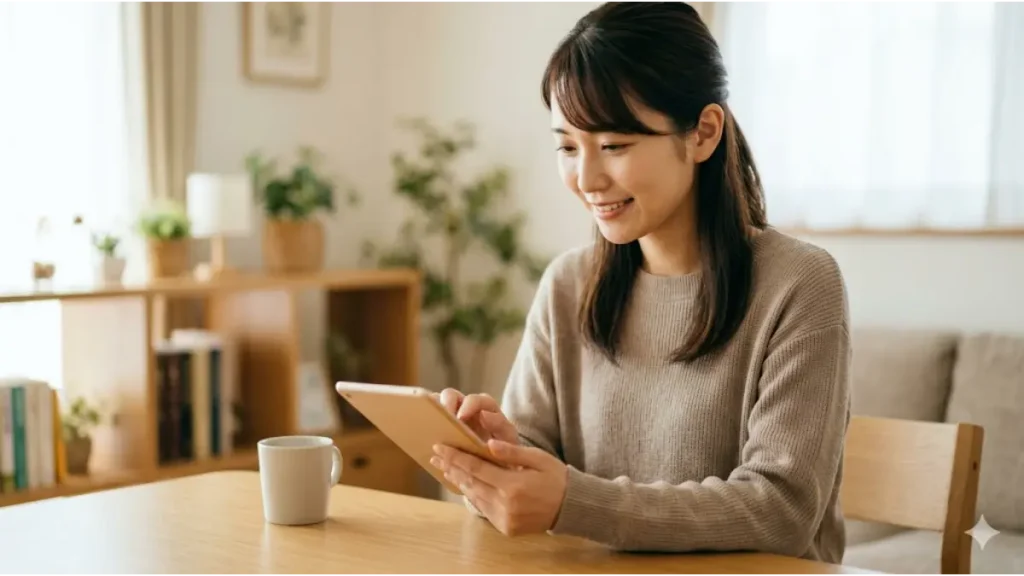リゾートバイトの登録システムを利用する誠実な日本人女性スタッフ。スマートフォンを使い、笑顔で登録フォームを入力している様子。手元には紙の履歴書がなく、手続きの「参入障壁の低さ」を視覚的に表現している。自然光が入る清潔な自宅のリビングで撮影されたフォトリアルな画像。
