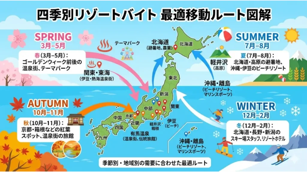 リゾートバイトで長期にわたり半年以上全国を渡り歩く際の、四季別の最適移動ルートを分かりやすく解説した日本地図の図解イラスト。春のテーマパークや温泉街、夏の北海道やビーチリゾート、秋の京都や箱根、冬のスキー場といった季節ごとの需要の波とエリアが矢印で示されています。