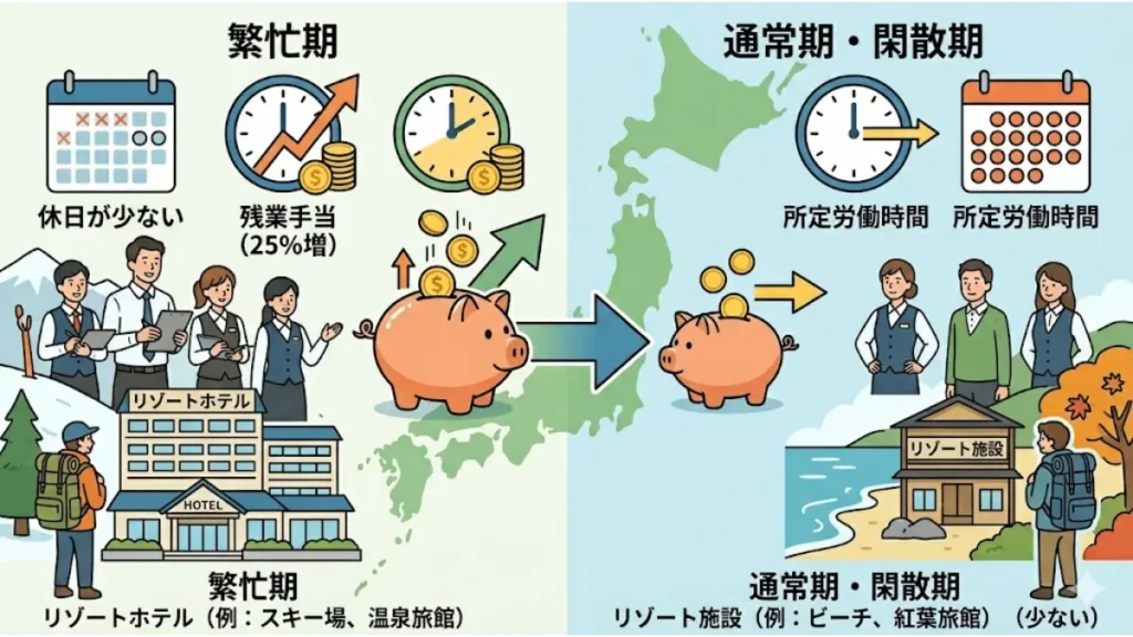 リゾートバイトで長期にわたり半年以上全国を渡り歩く際、繁忙期と通常期(閑散期)のシフト調整、休日数、残業時間が貯蓄スピードに与える影響を比較した図解。左側は繁忙期で休日が少なく残業が多い高収入シナリオ、右側は通常期で休日が多く残業が少ないシナリオを文字なしで表現。