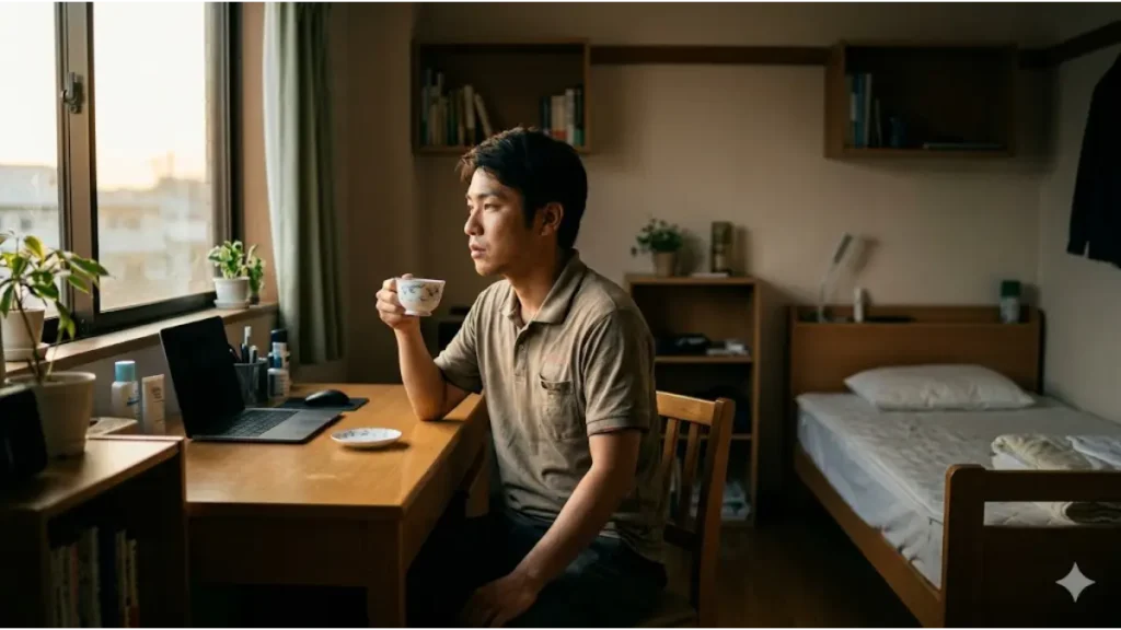リゾートバイトでの労働環境の「光と影」と寮生活の実態を伝えるため、簡素だが整頓された自室で夕日を眺めながらティーカップを手に思索にふける誠実な日本人男性の休憩時間を捉えたフォトリアルな画像。