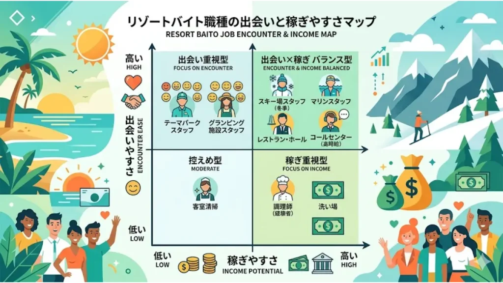 リゾートバイトの出会いやすい職種ランキングを2軸で分析したマトリクス図。縦軸を「出会いやすさ」、横軸を「稼ぎやすさ」とし、出会い重視型(テーマパーク等)、バランス型(マリンスタッフ・レストラン等)、稼ぎ重視型(洗い場等)に各職種を分類したインフォグラフィック画像。
