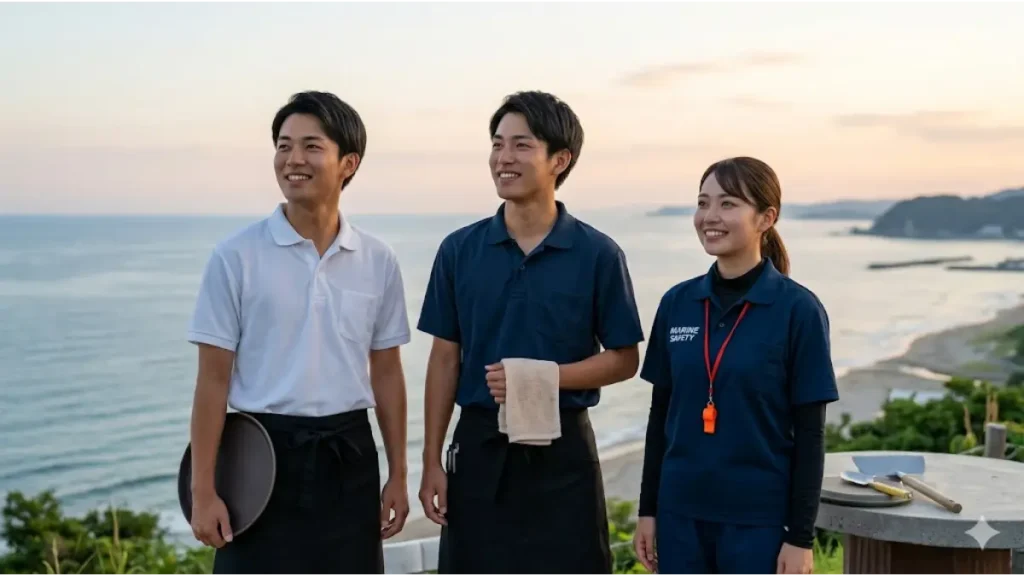 夕暮れの海辺の丘に立つ、レストラン、裏方、マリンスタッフの制服を着用した希望に満ちた表情の日本人スタッフ3人組。「リゾートバイト 出会い 職種 ランキング」を体現し、現場での出会いや協力、そして明るい未来を象徴する誠実なフォトリアル画像。