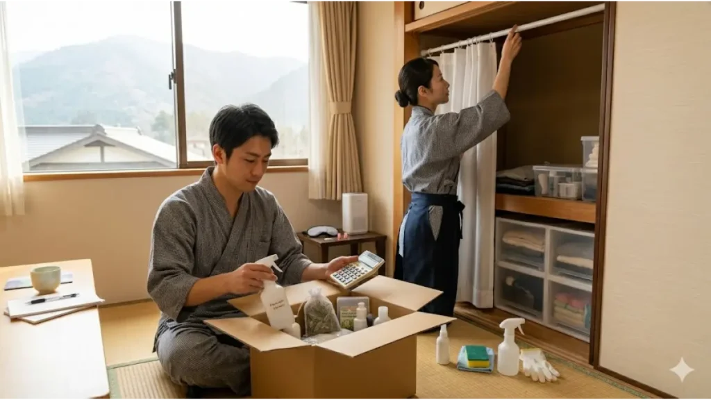 リゾートバイトで箱根の温泉無料旅館へ赴き、寮の部屋で除菌スプレー、防虫グッズ、突っ張り棒、透明衣装ケースを駆使して、古い押し入れや狭い空間を清潔なクローゼットや整理された空間に変え、汚い寮を生き抜くための具体的なセルフプロテクト対策を施す誠実な日本人男性スタッフと女性スタッフの様子。窓の外には箱根の山々と温泉宿の屋根が見える。