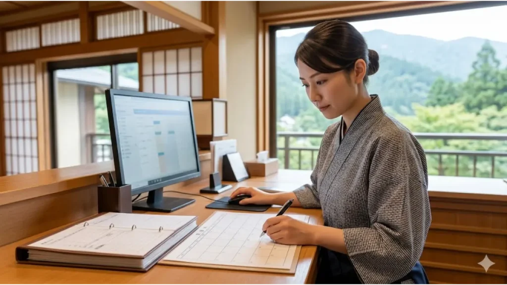 リゾートバイトで箱根の温泉無料旅館の求人を探す方に向けた、年間を通じて安定した募集ピークの時期やシフトの稼働スケジュールを管理・確認する旅館スタッフのリアルな様子。