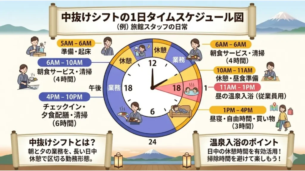 リゾートバイトで箱根の温泉無料旅館を検討する人に向けた、中抜けシフトにおける業務・休憩・従業員用の温泉入浴のタイミングがひと目でわかる1日タイムスケジュール図の図解。