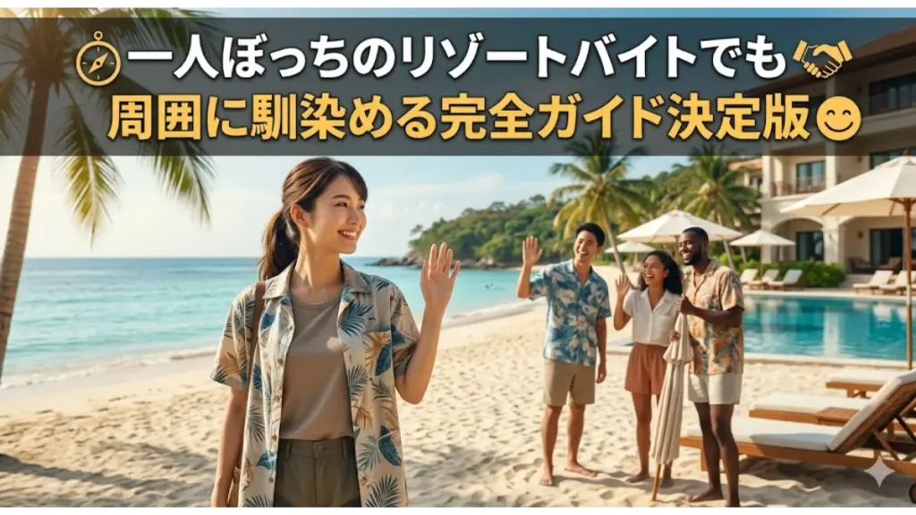リゾートバイトに一人ぼっちで参加しても周囲に馴染めるイメージを表現した、美しいリゾート地のビーチで笑顔で挨拶を交わすスタッフたちのアイキャッチ画像