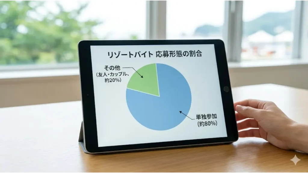 リゾートバイトに一人ぼっちで参加しても周囲に馴染める根拠となる、単独応募者が全体の約8割(約80%)を占めているデータ(応募形態の割合)をタブレット画面に表示した円グラフの画像