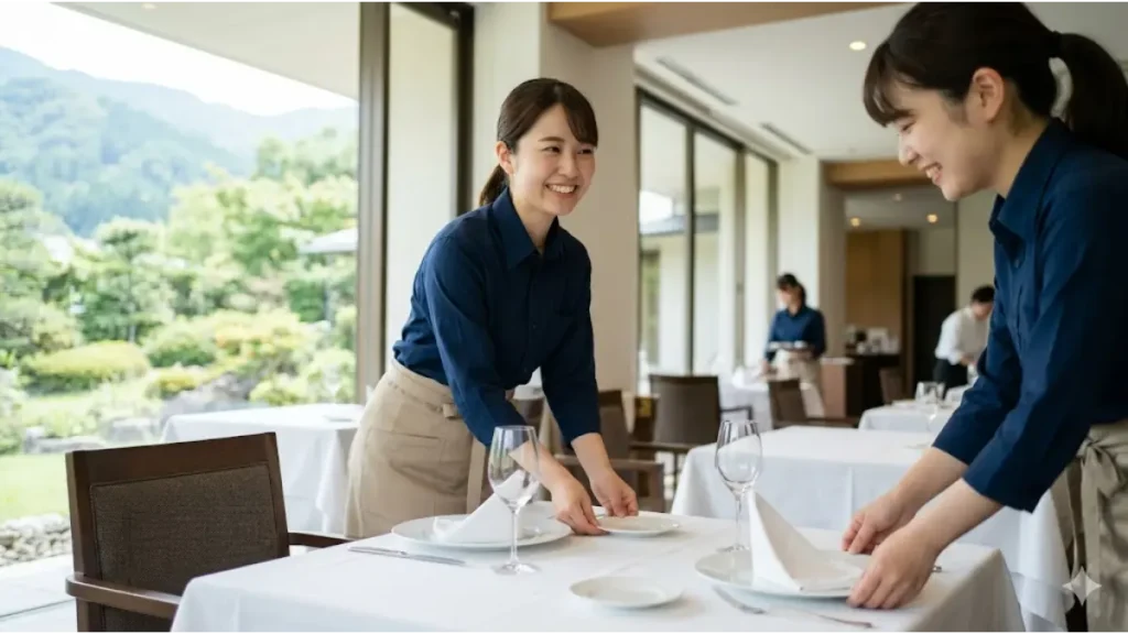 リゾートバイトに一人ぼっちで参加しても楽しく馴染める未来の姿を表現した、自然光が差し込むホテルのレストランで笑顔を交わしながらテーブルセッティングを行う日本人女性スタッフたちの画像