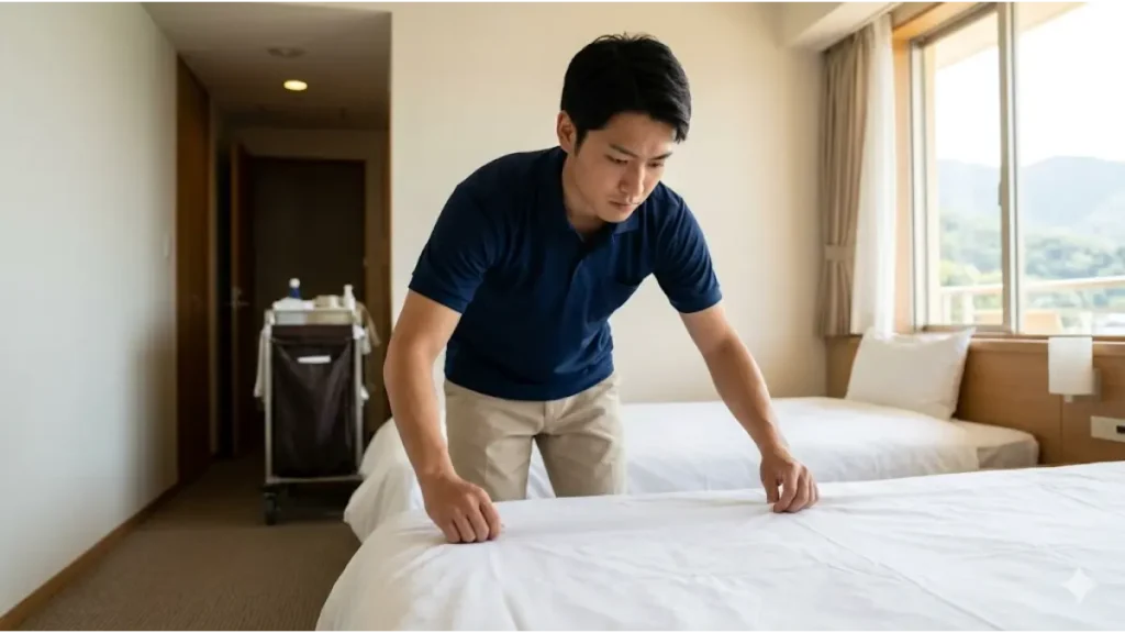 リゾートバイトに一人ぼっちで参加しても、客室清掃の裏方業務などで自分のペースで真面目に働きながら現場に馴染めるリアルな様子を伝える、ホテルのベッドメイクを行う日本人男性スタッフの画像