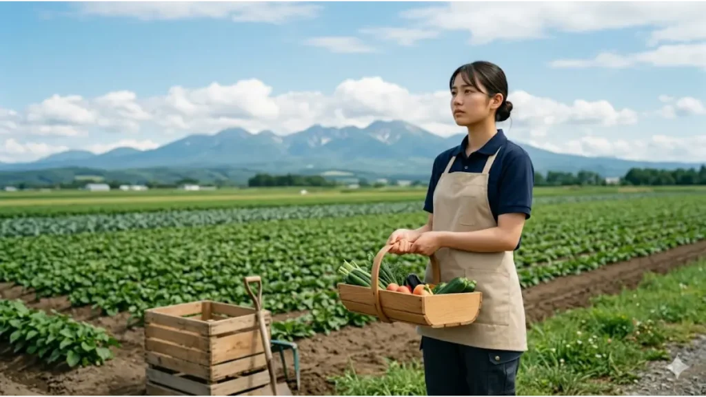 夏の北海道で農業のリゾートバイトに挑戦する女性が、期待と不安が入り混じった表情で遠くを見つめているリアルな過ごし方を捉えた写真