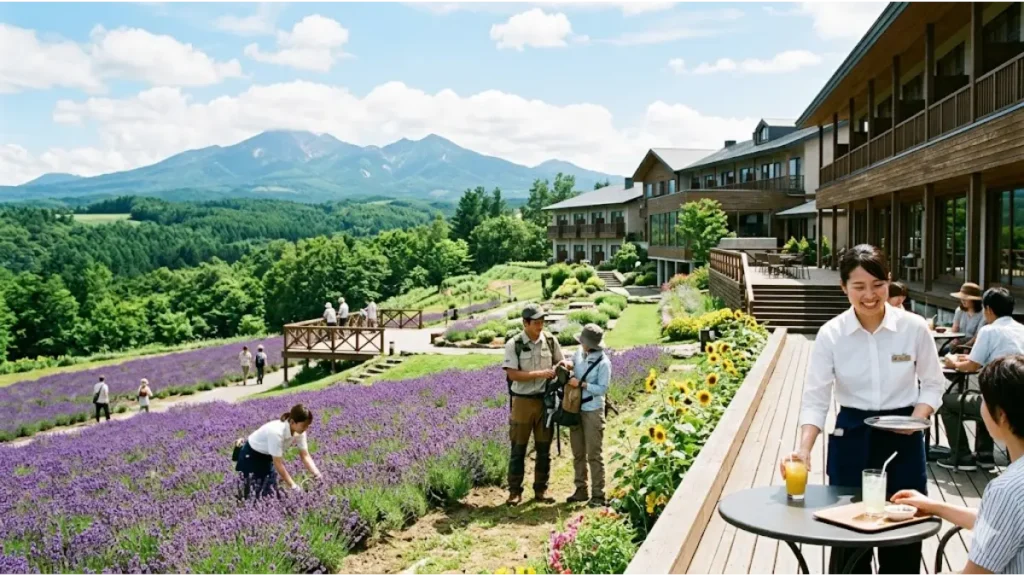 夏の北海道でリゾートバイトをするスタッフが、美しいラベンダー畑に囲まれたリゾート施設のテラス席で笑顔で接客する快適な過ごし方を捉えた写真
