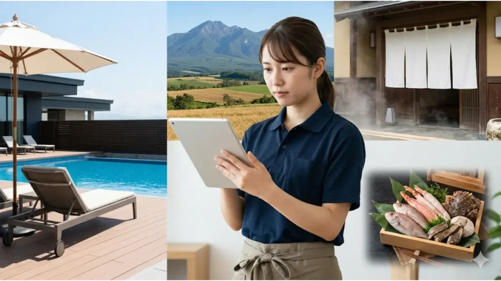 プールや温泉旅館、新鮮な海鮮など、シーン別で選べる夏の北海道リゾートバイトの多様な仕事環境と理想の過ごし方を表現したコラージュ画像
