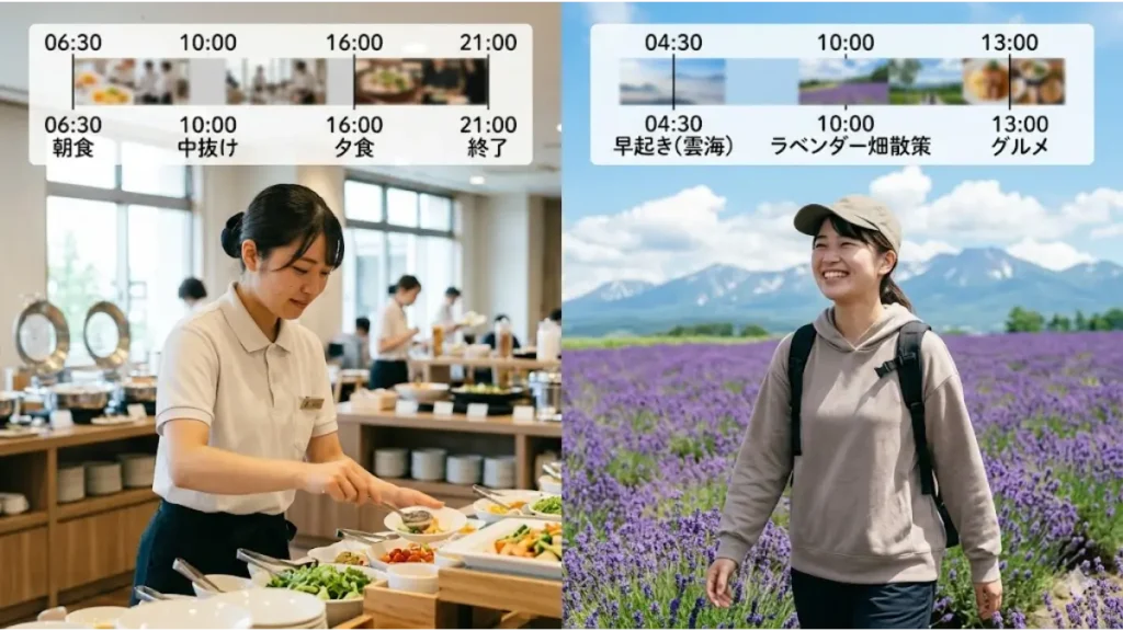 夏の北海道リゾートバイトにおける勤務日の中抜けシフト(レストラン業務)と、休日のラベンダー畑散策のタイムスケジュールを比較し、現地でのリアルな過ごし方を表現した画像