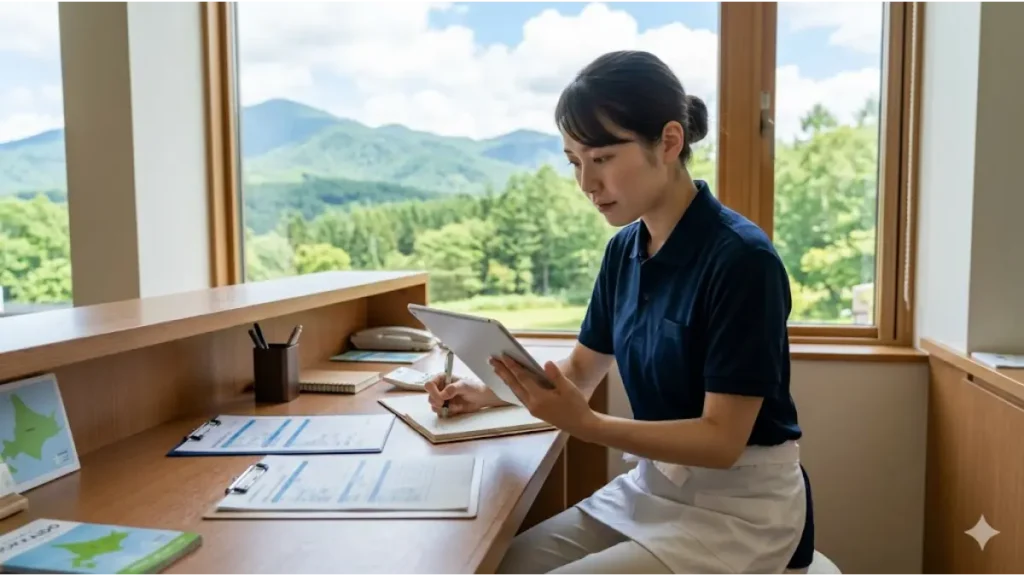 夏の北海道でリゾートバイトをする女性スタッフが、窓の外に広がる豊かな自然を背景に、デスクで労働時間や月収シミュレーションを真剣に確認している過ごし方を描いた写真