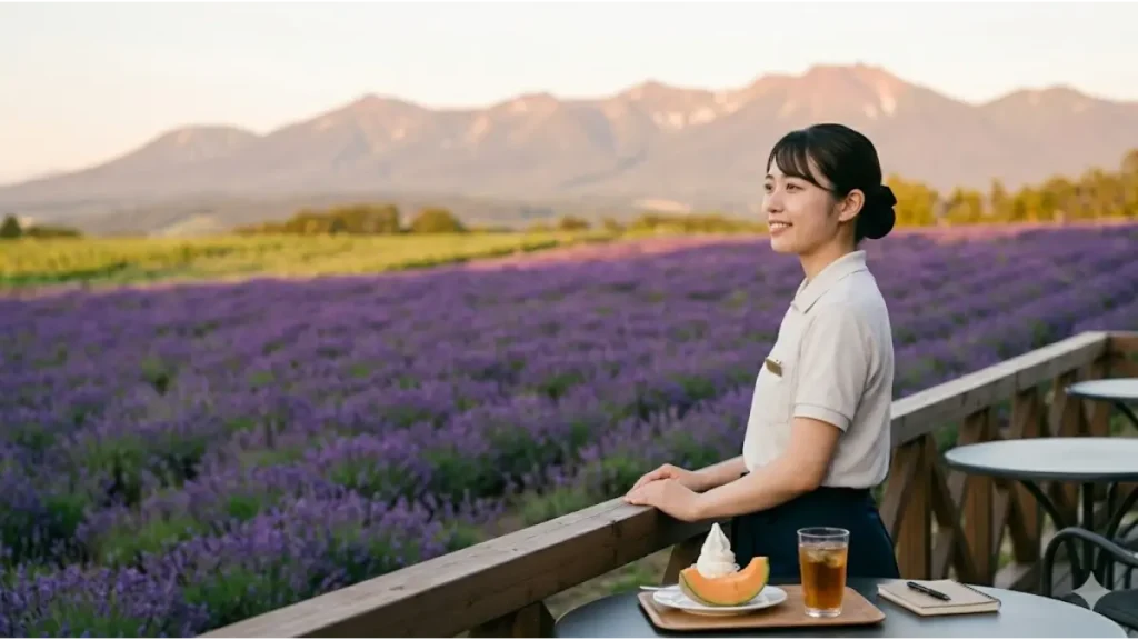 夕暮れ時の美しいラベンダー畑を背景に、テラス席から笑顔で遠くを見つめる女性スタッフの姿を通して、最高の思い出となる夏の北海道リゾートバイトでの過ごし方を表現した写真