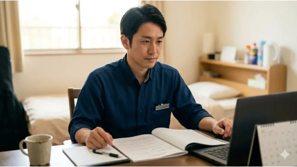 リゾートバイトのホテル受付业务における「体力的な厳しさ」「共同生活のストレス」「将来のキャリアへの不安」といった、30代から挑戦する人が直面する現実的なリスクについて熟考する男性スタッフのイメージ。個室の寮で通帳やスケジュールに向かい、真剣な表情で将来計画を立てる現場のリアルな労働環境を描いています。