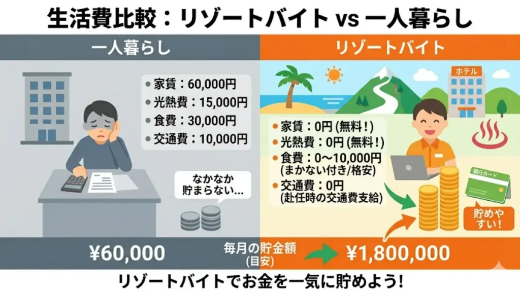 リゾートバイトのホテル受付で英語力を生かして働く際の一人暮らしとの生活費比較図解。家賃・光熱費・交通費が無料になることで、毎月の貯金額に圧倒的な差が出る仕組みを解説しています。