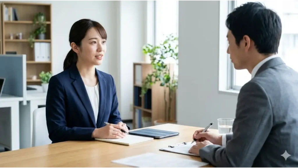 リゾートバイトのホテル受付で必要な英語力を測るスキルチェックや、派遣会社での面接対策を解説するイメージ図。オフィスでスーツを着た女性の求職者が、面接官と対面して誠実に受け答えをしている選考時の様子が描かれています。