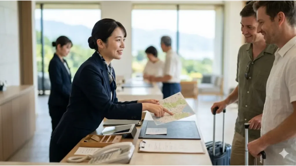 リゾートバイトのホテル受付で英語力を磨きながら働く未来をイメージしたまとめの図解。開放感のあるホテルのフロントで、女性スタッフが笑顔で外国人観光客に地図を使って案内しているリアルな現場の様子が描かれています。