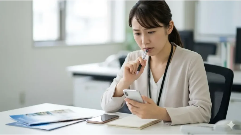 リゾートバイトのホテル受付で求められる英語力や現地の生活環境をスマートフォンで調べながら、具体的な不安や疑問について真剣に悩む求職者女性のイメージ図。