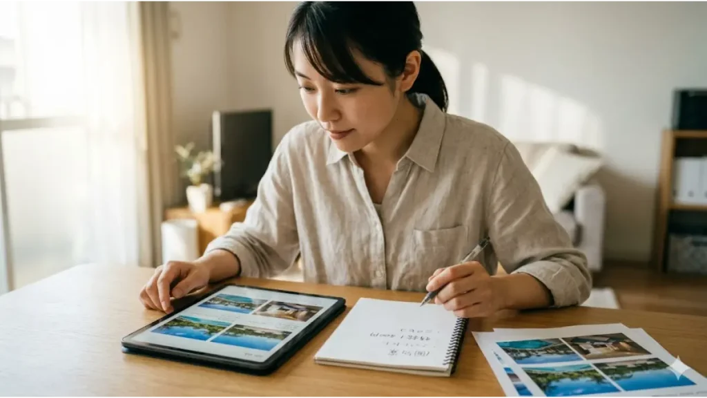 リゾートバイトで理想の職場を見つけるための具体的なステップ。自宅の整頓されたデスクで、タブレットと手書きのメモ(個別寮、時給、ニセコなど)を使って求人情報を真剣に比較・検討している日本人女性の姿を捉えた、誠実で清潔感のあるフォトリアルな画像。