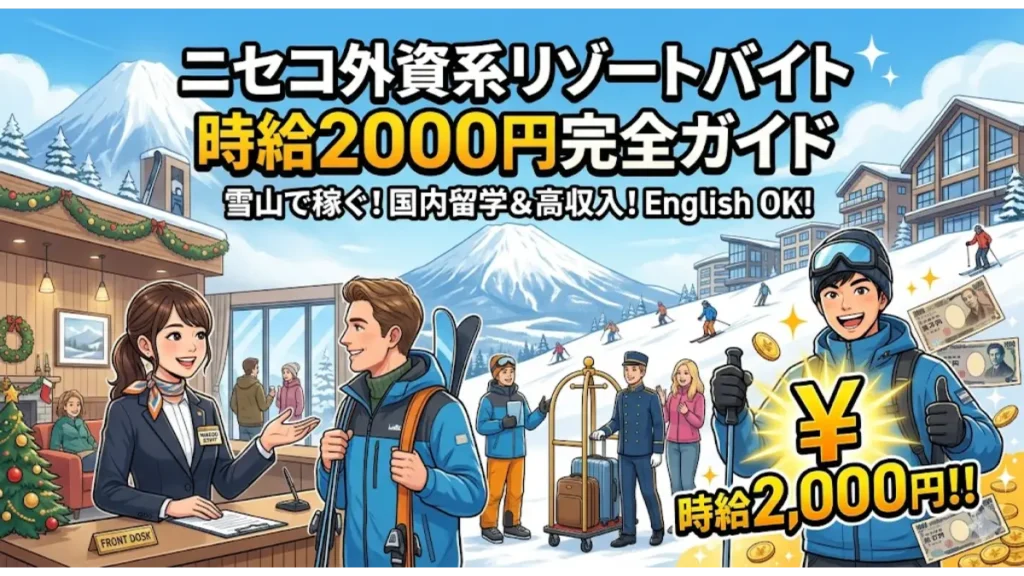 雪山と外資系リゾートホテルを背景に、笑顔のフロントスタッフやスキーウェアを着た男性、時給2,000円の文字を描いた「リゾートバイト 時給2000円 ニセコ 外資系」完全ガイドのアイキャッチ画像