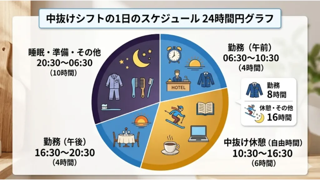 午前と午後の勤務時間の間に6時間の間隔（中抜け休憩・自由時間）が挟まれる変則的な勤務形態を24時間の円グラフでわかりやすく視覚化した「リゾートバイト 時給2000円 ニセコ 外資系」の1日のスケジュール図解