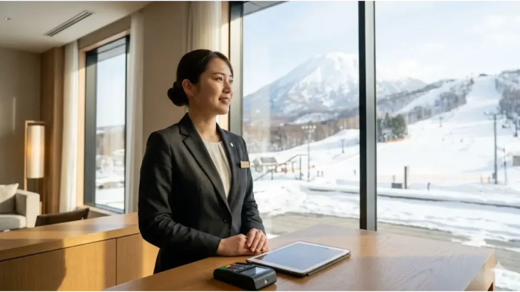窓の外に広がるニセコの美しい雪山とスキー場を背景に、ホテルのカウンターで前を見据えて微笑むスーツ姿の日本人女性スタッフを捉えた「リゾートバイト 時給2000円 ニセコ 外資系」のまとめ・未来のキャリアをイメージしたWEBサイト用画像