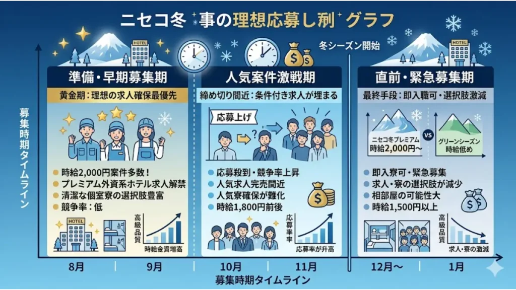 8月から1月にかけてのニセコの冬シーズンにおける求人応募の波を、早期募集期・人気案件激戦期・直前緊急募集期の3フェーズで解説した「リゾートバイト 時給2000円 ニセコ 外資系」の募集開始タイムライン図解