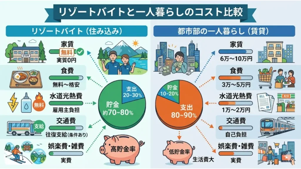 リゾートバイトで住民票を移さないデメリットを検討する際に役立つ、住み込みリゾバと都市部一人暮らしのコスト比較図解。家賃や食費、光熱費の負担差による貯金効率の違いを円グラフなどでわかりやすく示しています。