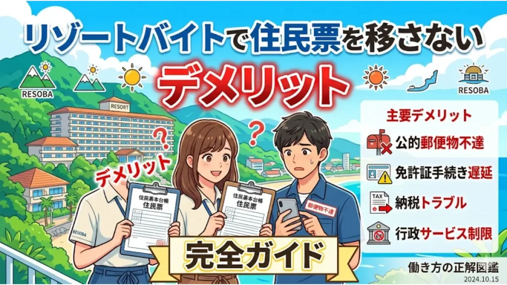 リゾートバイトで住民票を移さないデメリットと対策を解説した完全ガイドのアイキャッチ画像。リゾートホテルを背景に、住民票の書類やスマホを持って悩む男女のイラストと、郵便物不達や手続き遅延などの主要なデメリットがまとめられています。