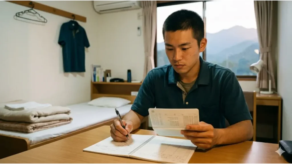 リゾートバイトで住民票を移さないデメリットや生活費無料のメリットを比較しながら、貯金効率を高める計画を立てる男性のリアルな写真。滞在先の寮の部屋で、銀行の通帳を手に持ちながらノートに期間別の貯金シミュレーションを書き込んでいる様子が描かれています。