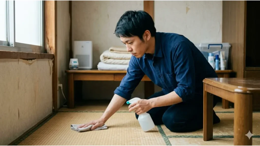 古いリゾートバイトの寮の畳部屋で、真剣な表情で床を掃除し、自分の生活空間を清潔に保とうとする誠実な日本人男性。雑巾と掃除スプレーを持ち、横には整理された折りたたみ式収納ボックスや空気清浄機が置かれている。自然光のフォトリアルな画像。