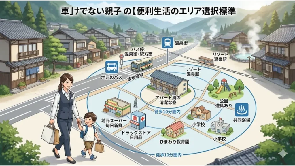 リゾートバイトに子連れで車なしで参加する際のエリア選びとして、アパート風の寮を中心にスーパーや保育園、小学校、バス停などが徒歩10分圏内に揃う生活便利な環境基準を解説した図解